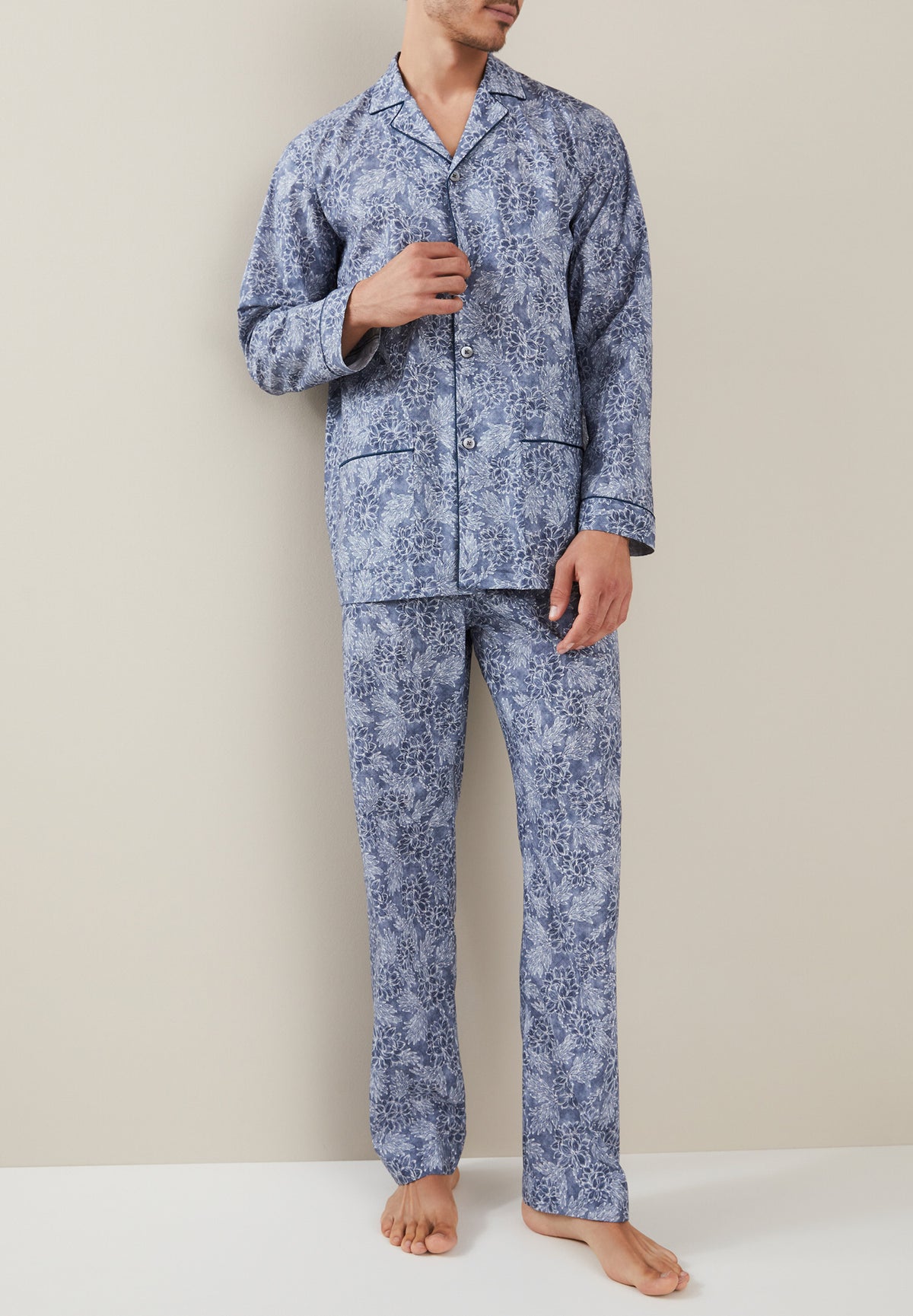 Cotton Poplin Print | Pyjama longues - denim blue