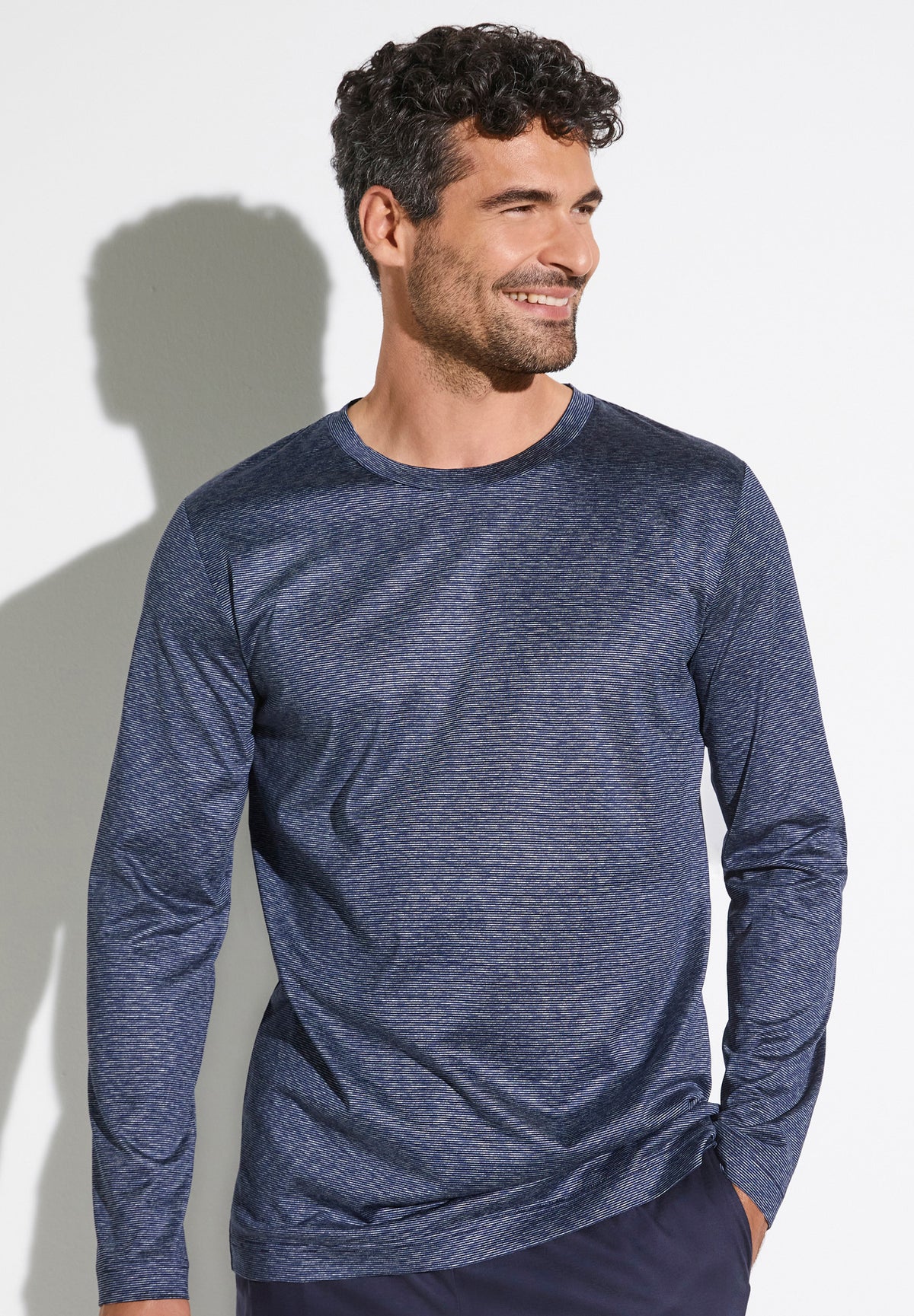 Cotton/Silk Stripes  T-Shirt Long Sleeve - navy - Zimmerli of