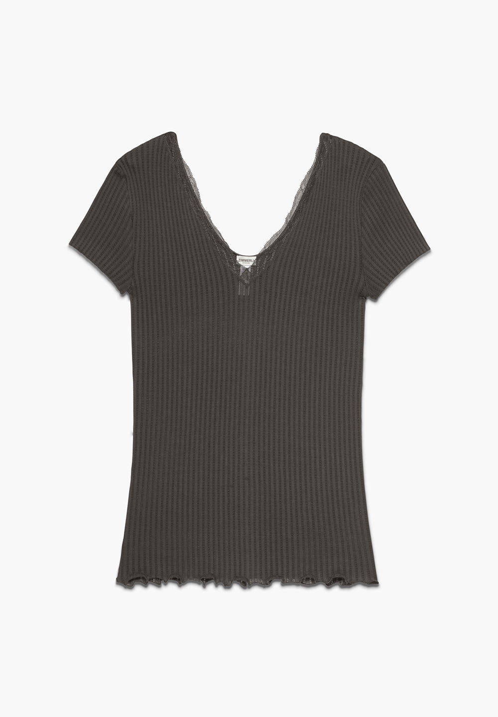 Maude Privé | T-Shirt kurzarm V-Ausschnitt aus Ajouré-Rippe mit Spitze aus Calais - espresso