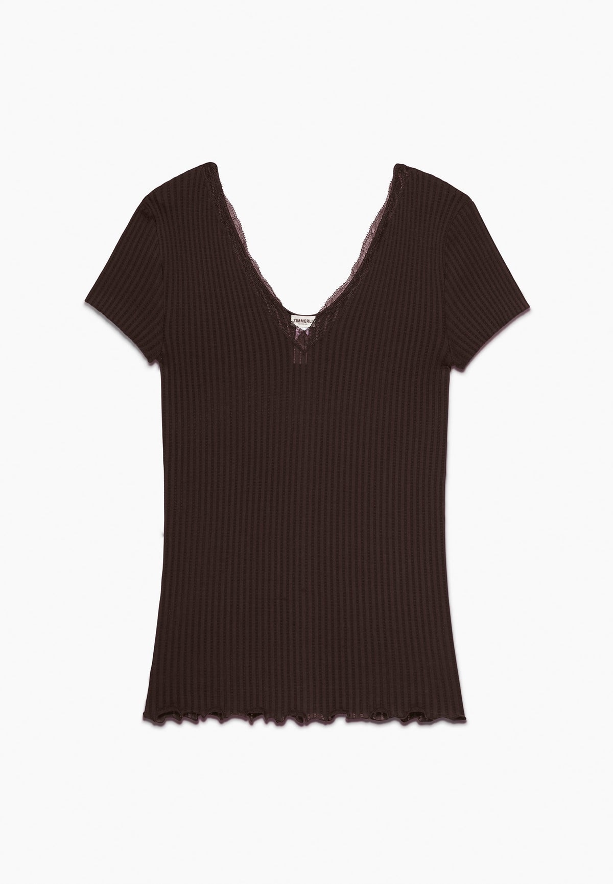 Maude Privé | T-Shirt Short Sleeve V-Neck in Ajouré Rib with Calais Lace - espresso