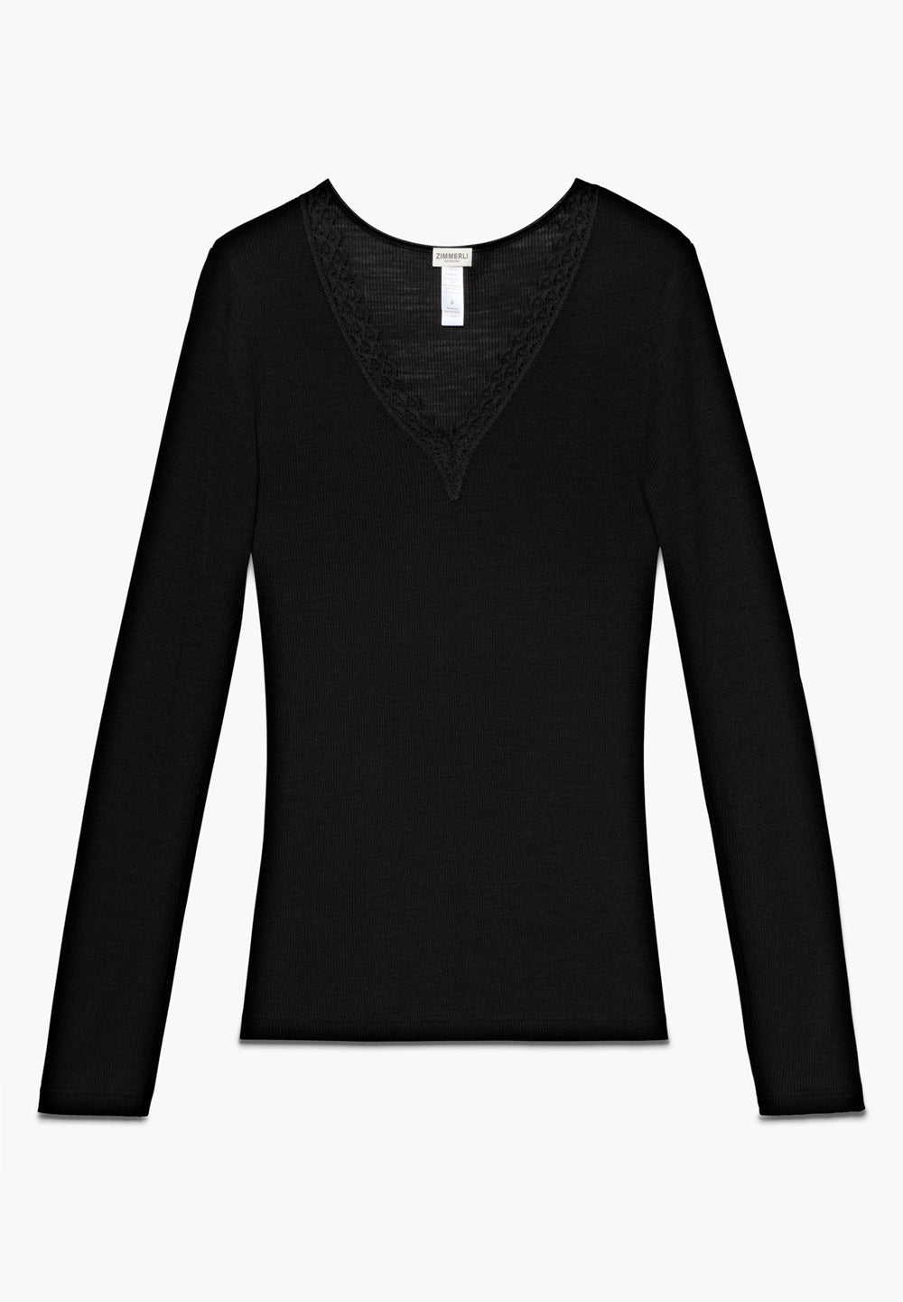 Wool & Silk | T-shirt manches longues, côte 2x2 avec dentelle cil - noir