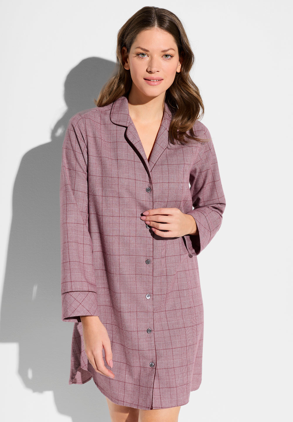 Flannel Merino Blend | Sleepshirt Long Sleeve - burgundy check