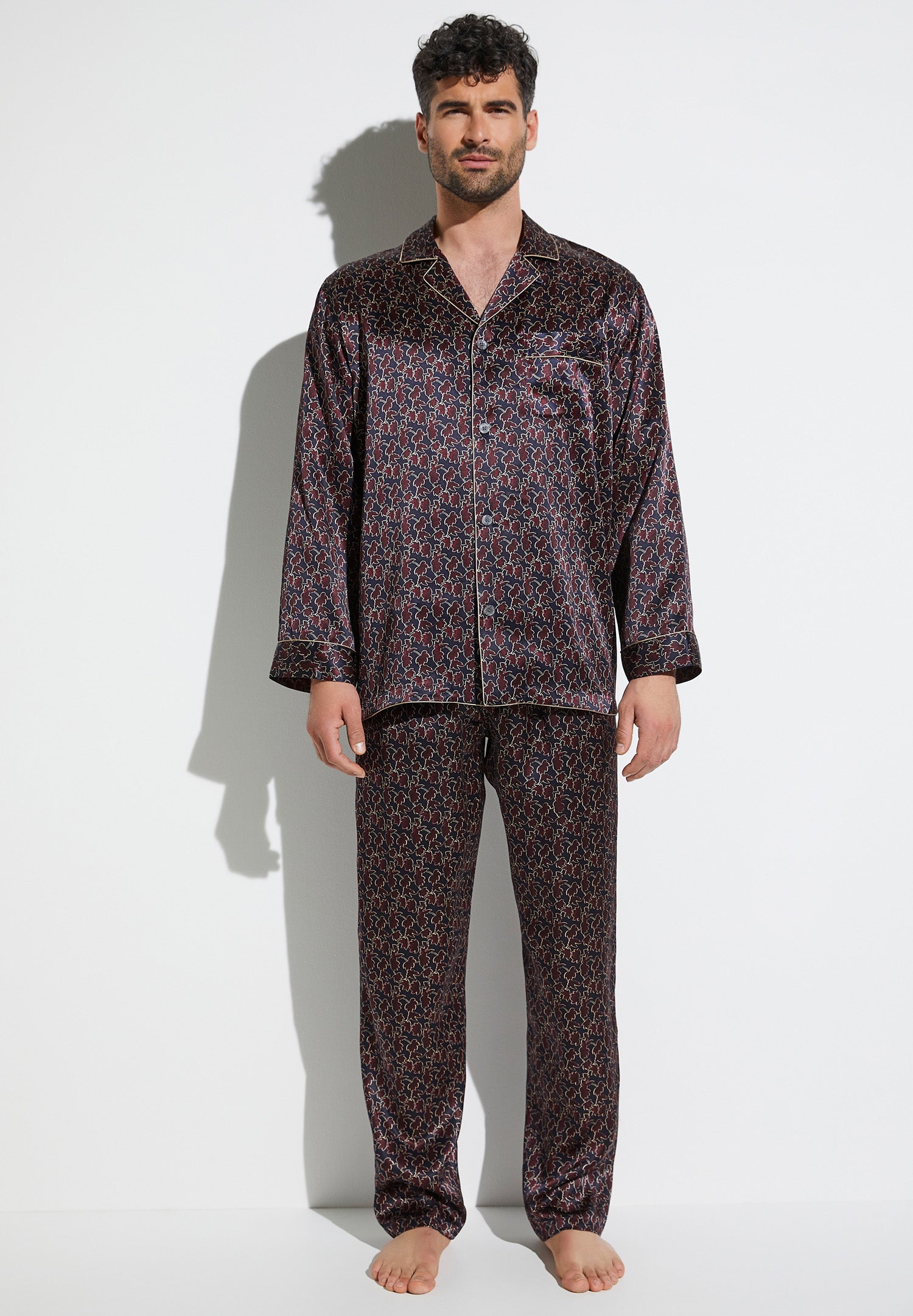 Silk Nightwear | Pyjama Long - leaves - Zimmerli of Switzerland