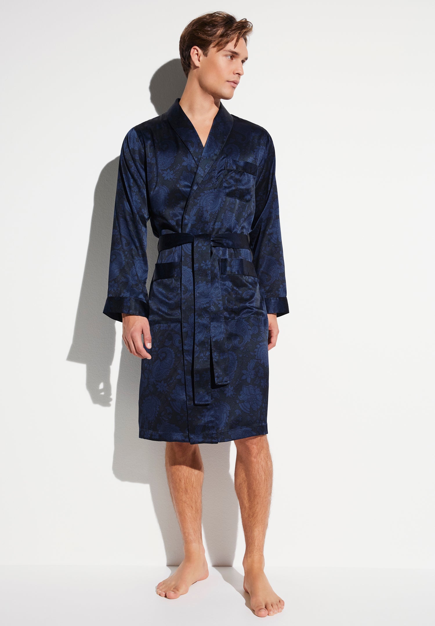 Men's Luxury Silk Dressing Gown with Gold and Dark Blue Paisley Ornaments