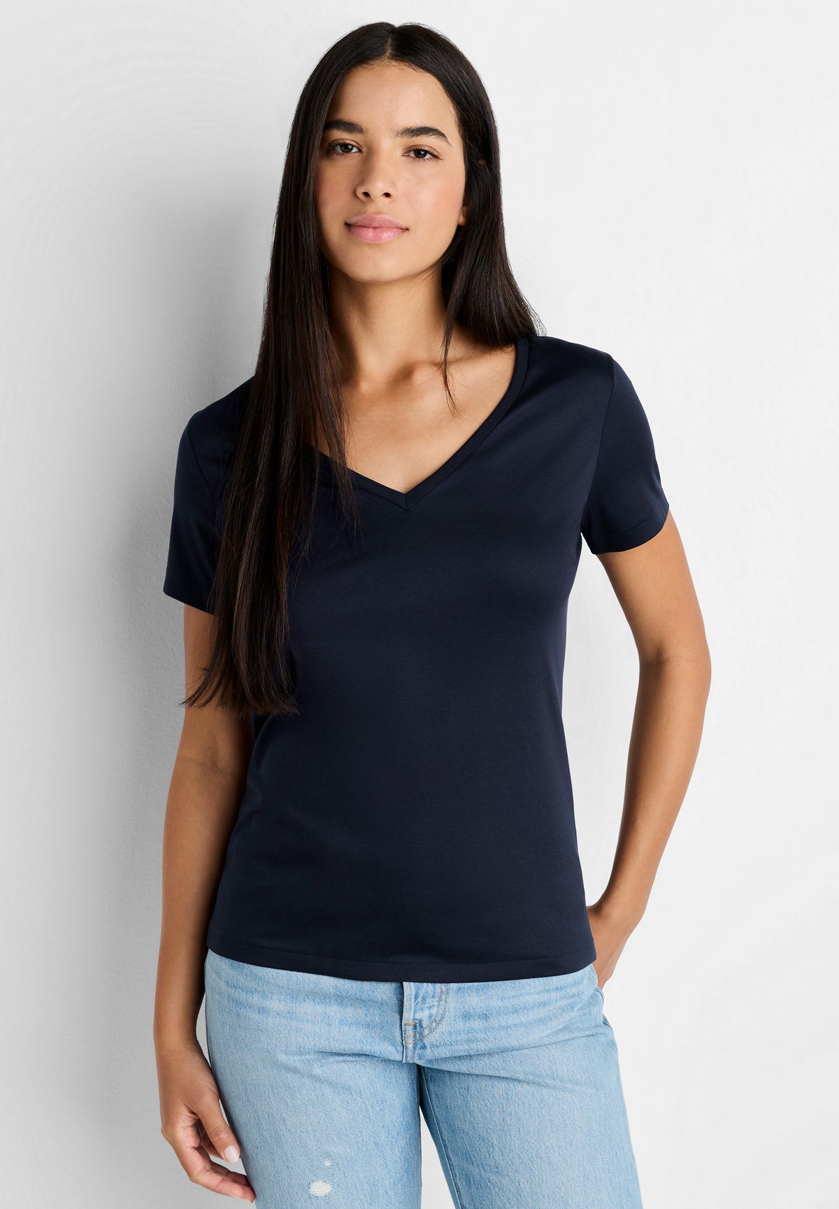 Sea Island | T-Shirt kurzarm V-Ausschnitt, Swissmade Ready-to-Wear für Damen - navy