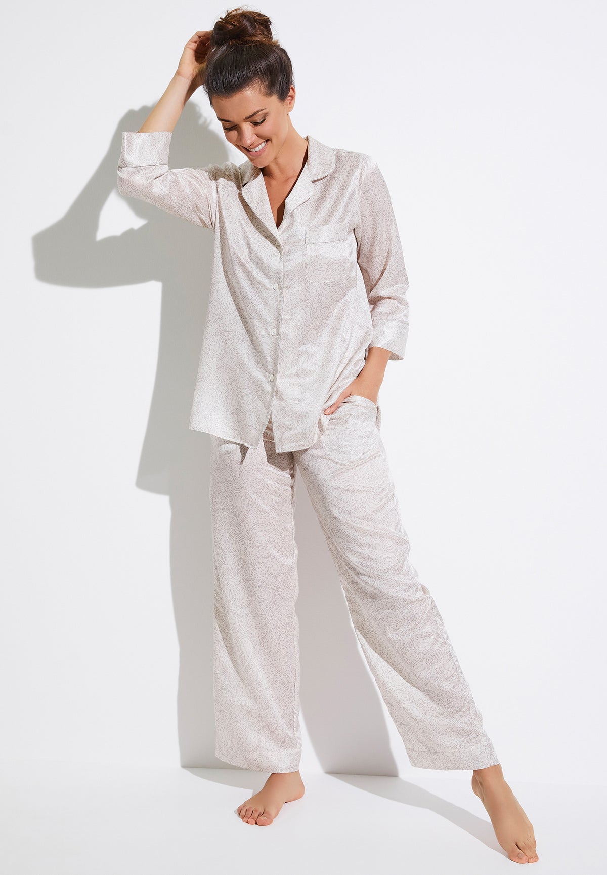 Cotton/Silk Print | Pyjama pantacourt manches 3/4 - paisley sand
