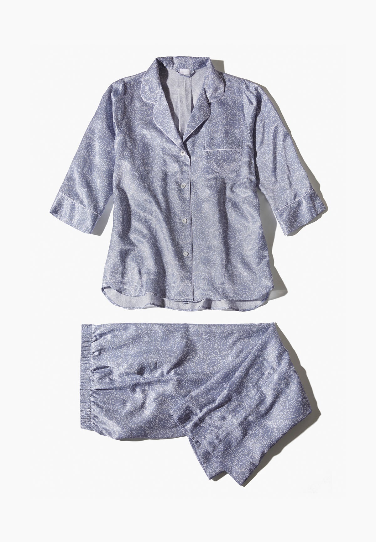 Cotton/Silk Print | Pyjama Cropped 3/4 Sleeve - paisley blue