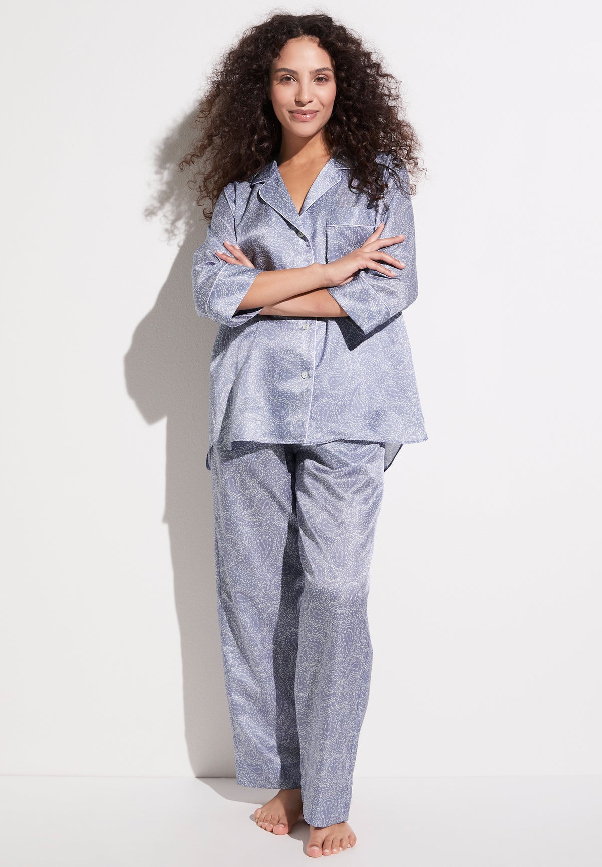 Cotton/Silk Print | Pyjama pantacourt manches 3/4 - paisley blue