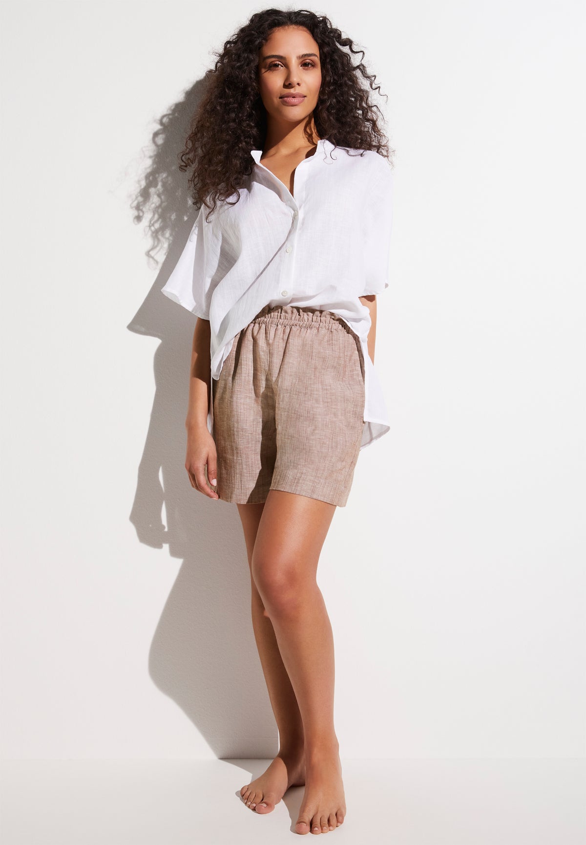 Linen Blend | Button Front Shirt Short Sleeve - white