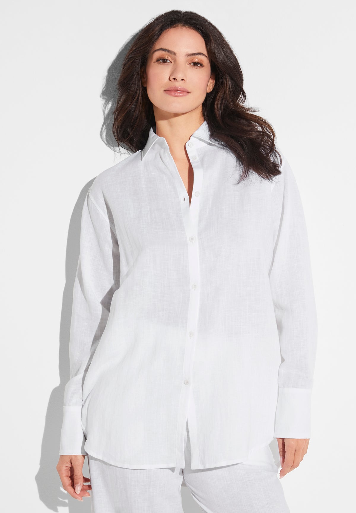 Linen Blend | Button Front Shirt Long Sleeve - white