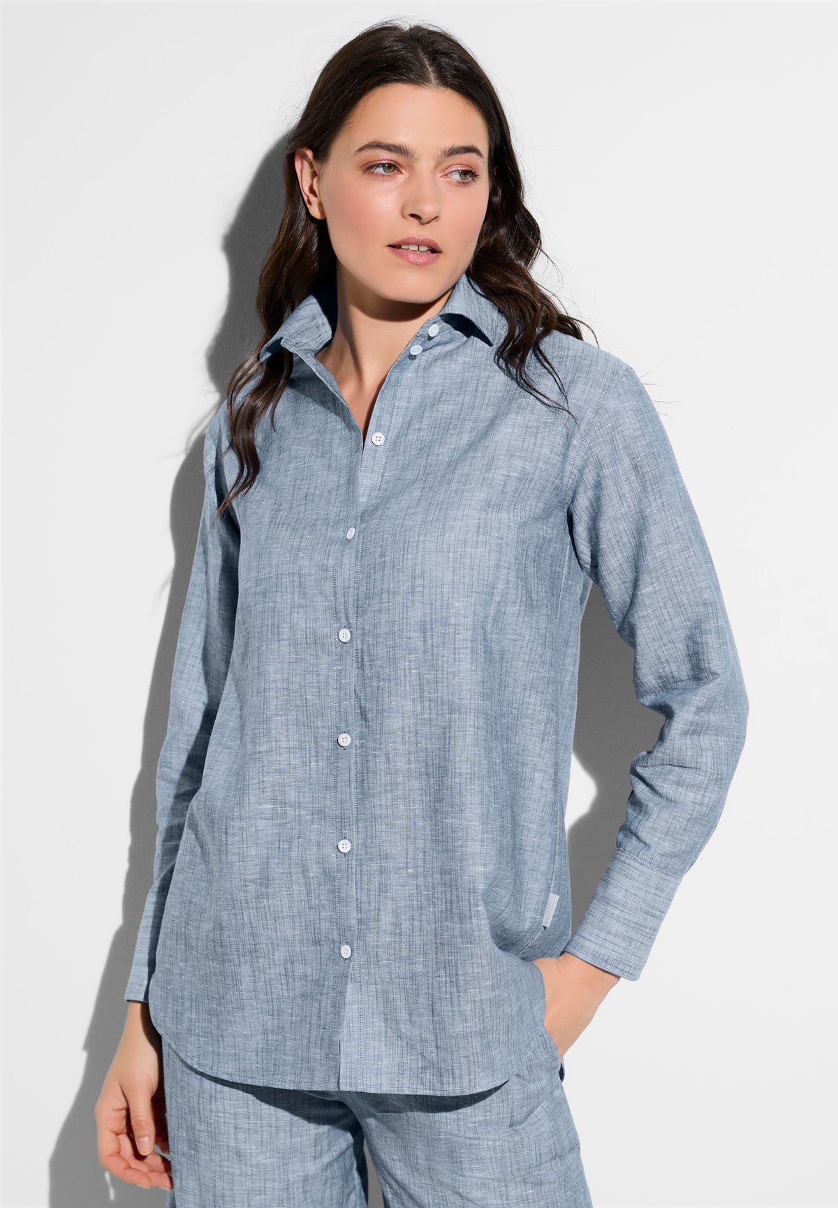 Linen Blend | Durchgeknöpftes Shirt langarm - denim blue