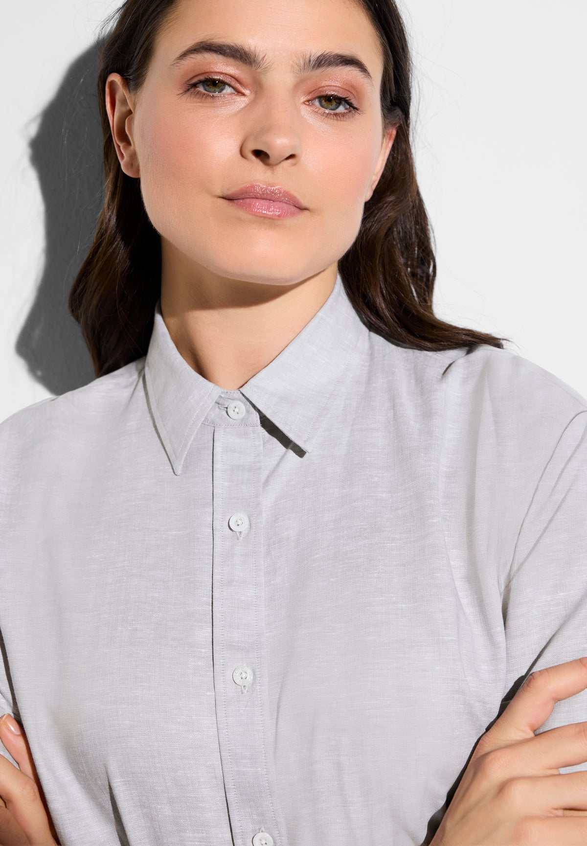 Linen Blend | Button-through short sleeve shirt - stone