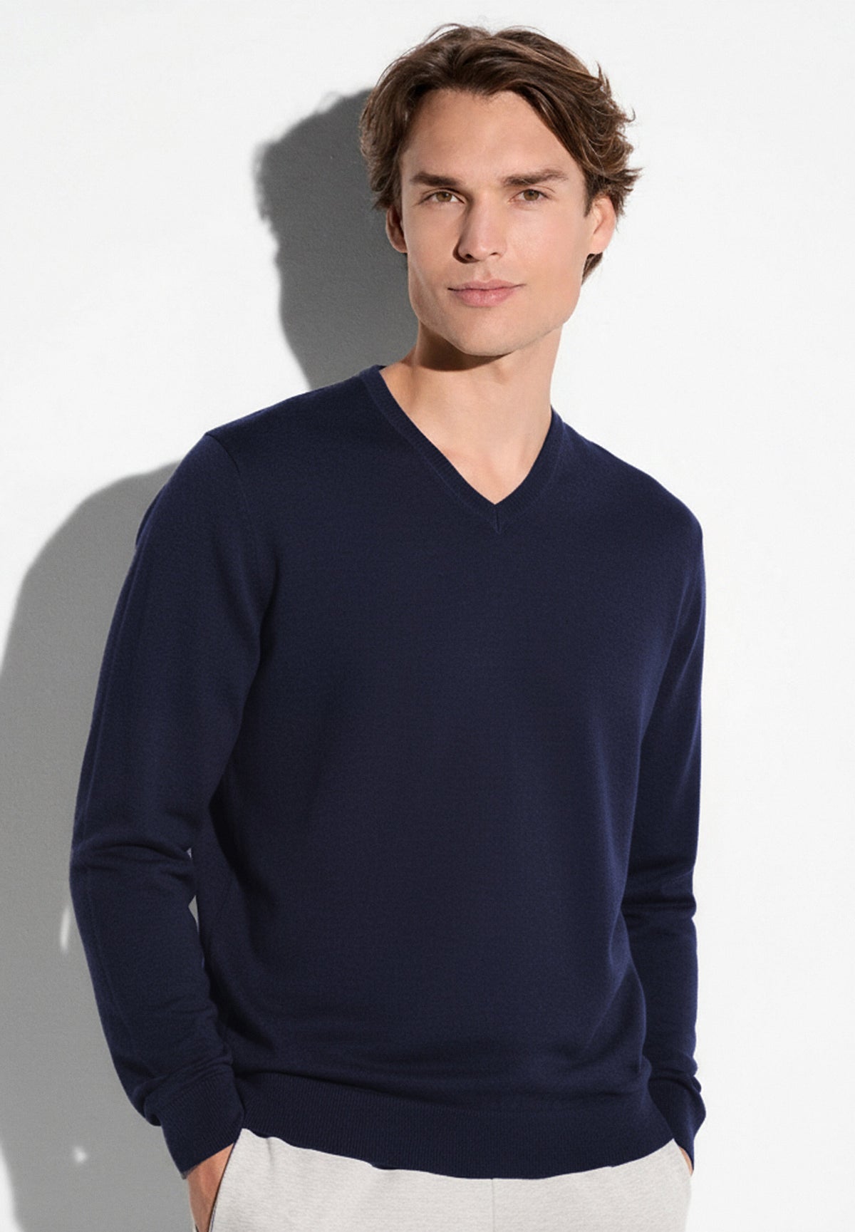 Merino Wool Sweater, V-neck - navy